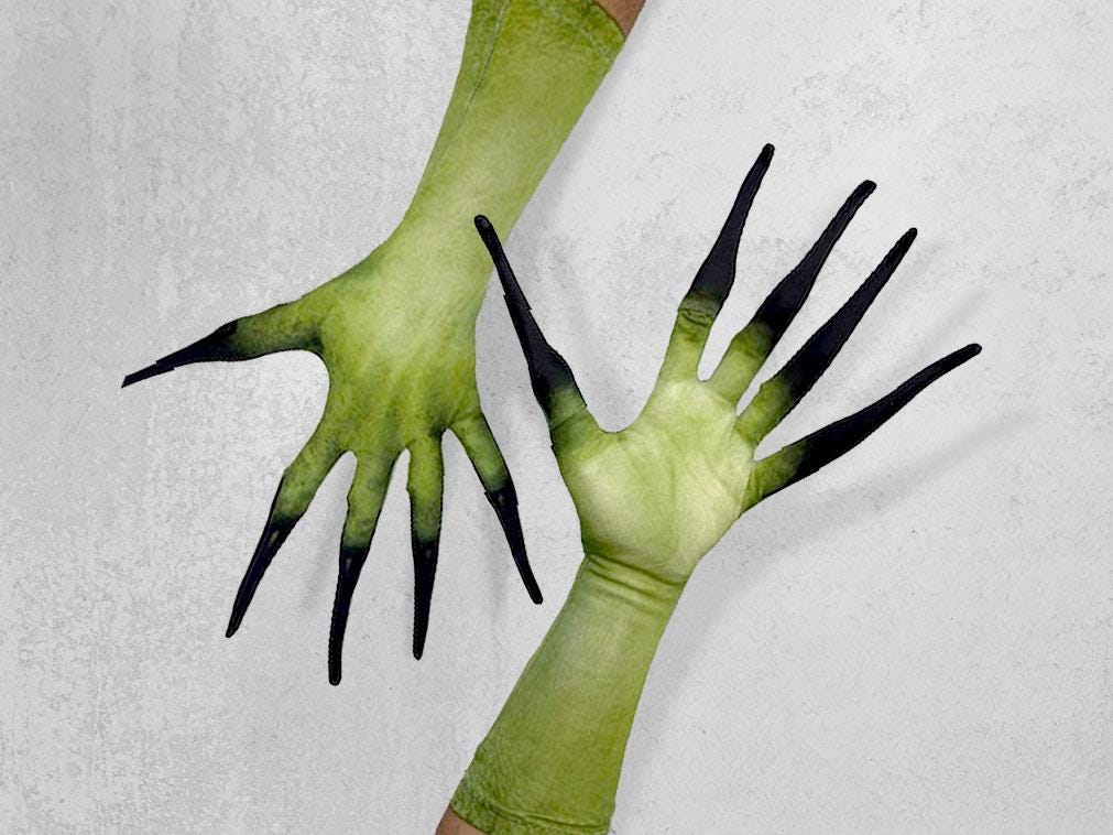 Long finger costume gloves, green alien skin print with black claw tips