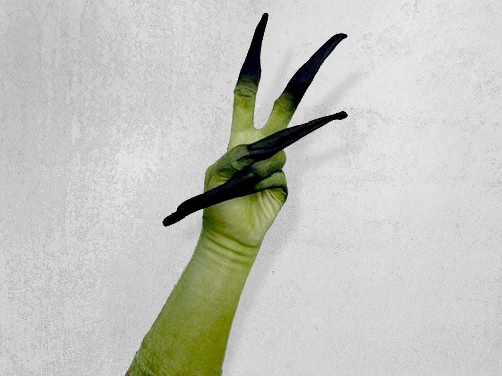 Long finger costume glove, green skin print, pointing pose