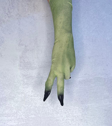 A single long green glove or sleeve worn on a hand, shown against a light textured background. The glove is olive green with two black-tipped fingers in an upside down peace sign. Palm down