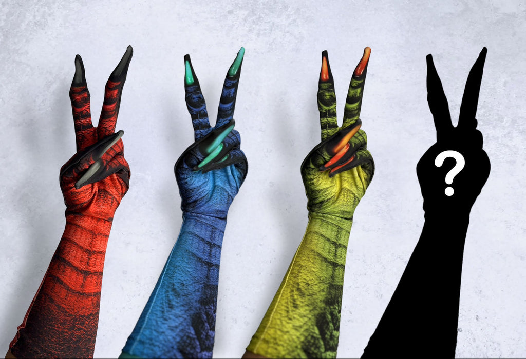 Four human arms raised in peace signs, each printed with a different colorful reptile or dragon skin patterned costume gloves in red, blue, green, and customizable options, against a light gray textured background.