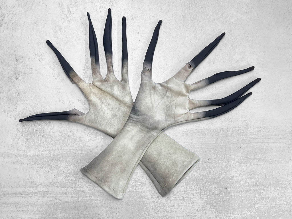 Zombie Vampire Costume Unisex Gloves – Long Finger, Pale Dead Skin Print