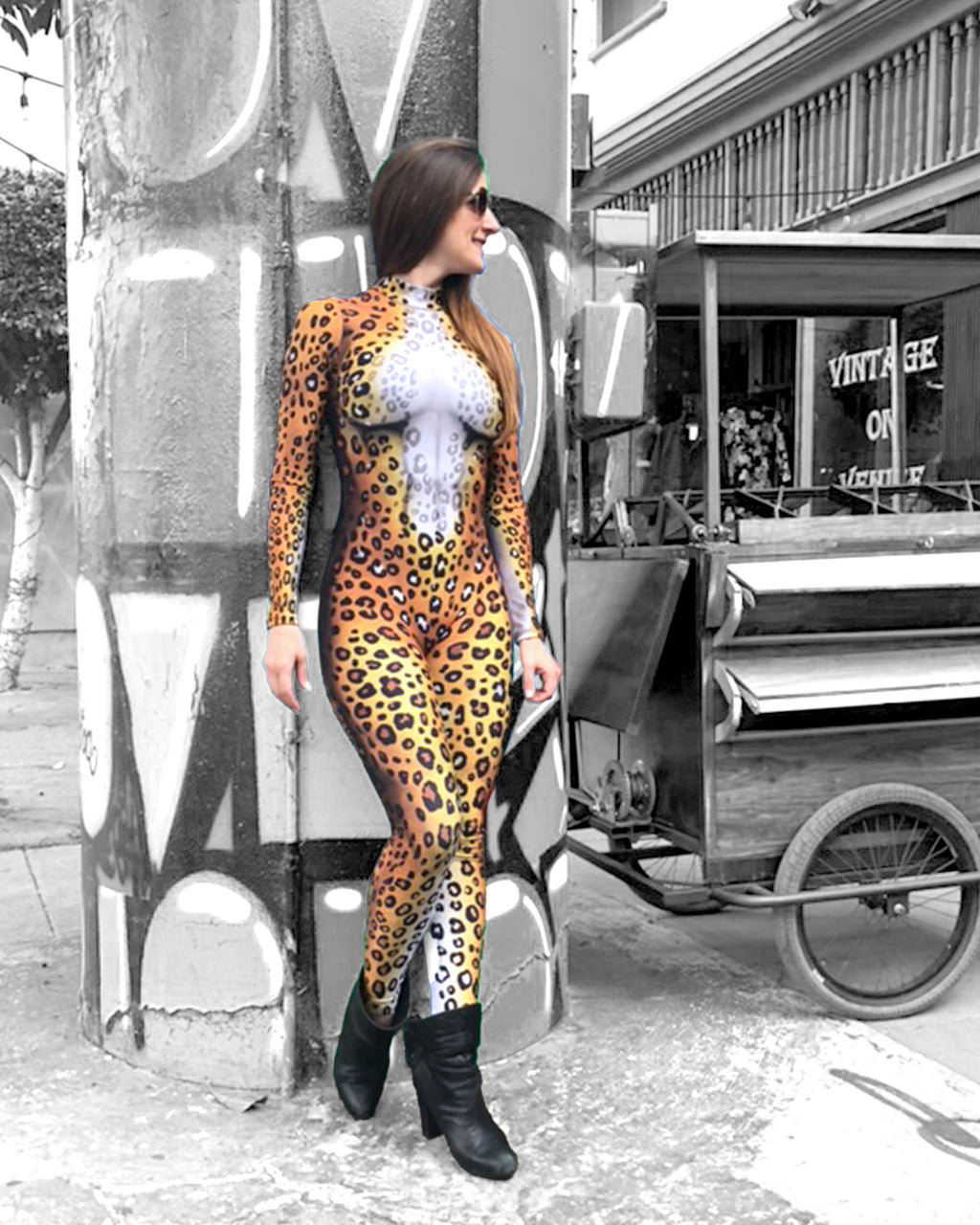 Women's Leopard Costume Catsuit – High Collar, Back Zip, Tail Optional