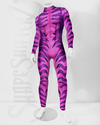 Men's Grinning Cat Costume Bodysuit – Striped Print, Back Zip