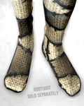 Burlap patchwork doll costume foot covers on feet; bodysuit sold separately