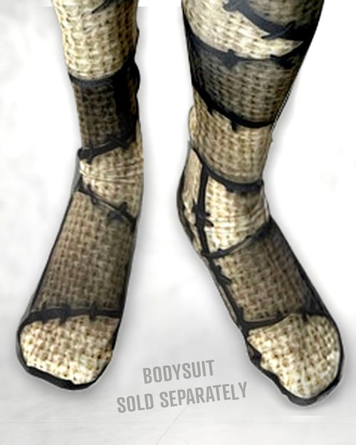 Burlap patchwork doll costume foot covers on feet; bodysuit sold separately