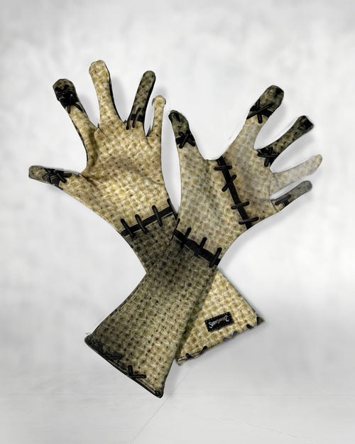 Burlap patchwork doll costume gloves, five finger with long cuff, pair