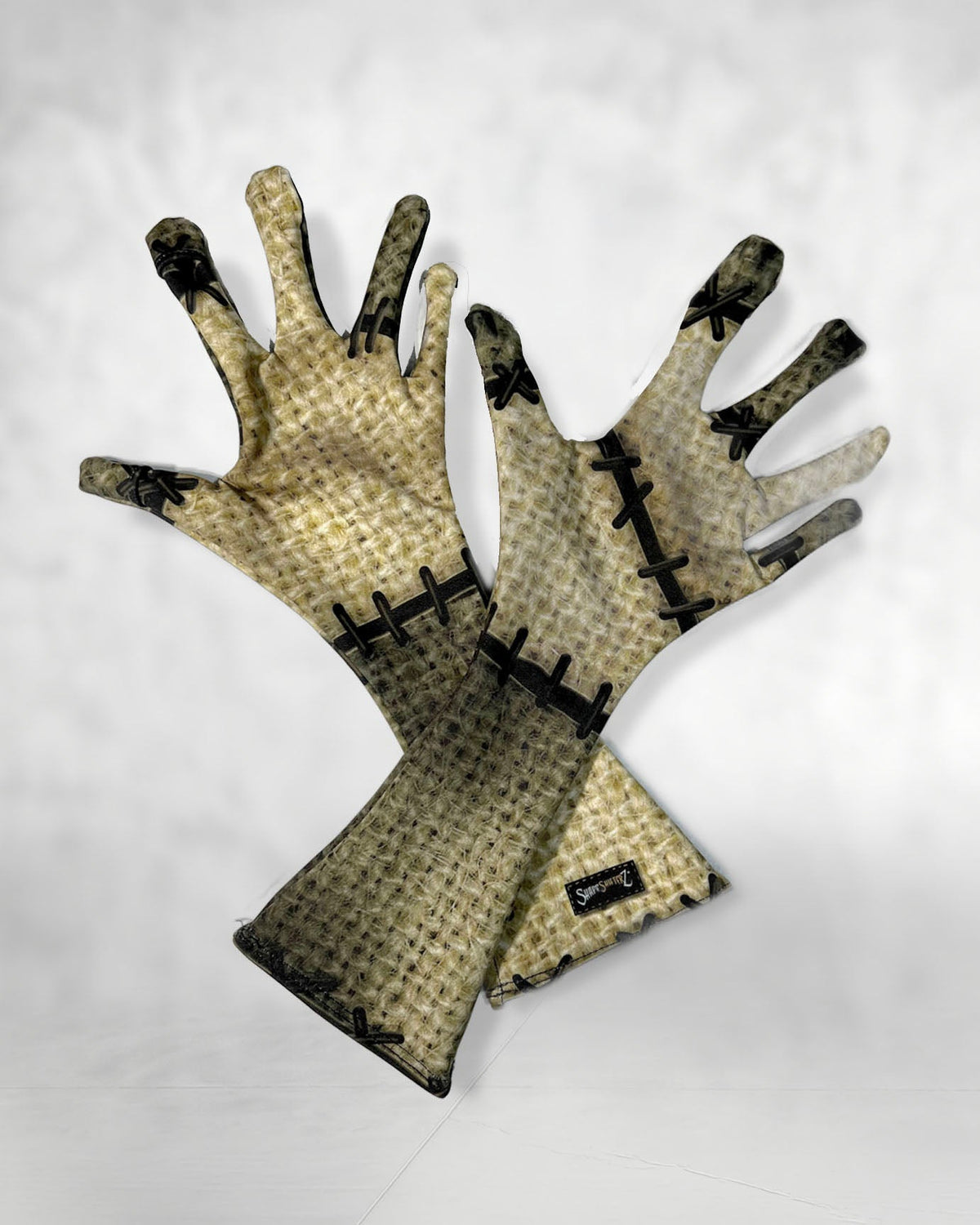 Burlap patchwork doll gloves, five finger with long cuff