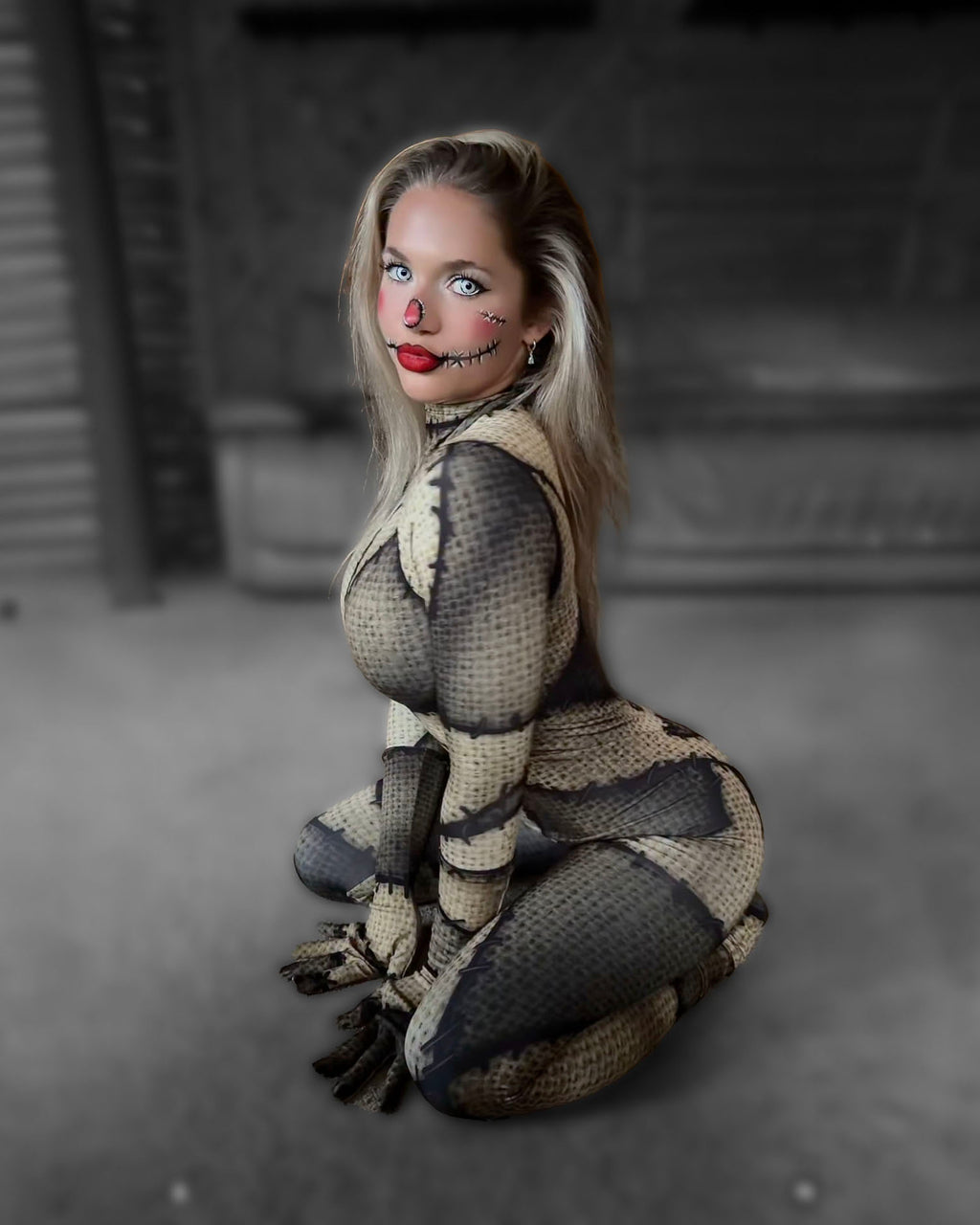 Women's printed burlap patchwork doll catsuit on a model, kneeling, with doll makeup