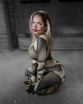 Complete burlap patchwork doll costume set on a model: catsuit, gloves and foot covers