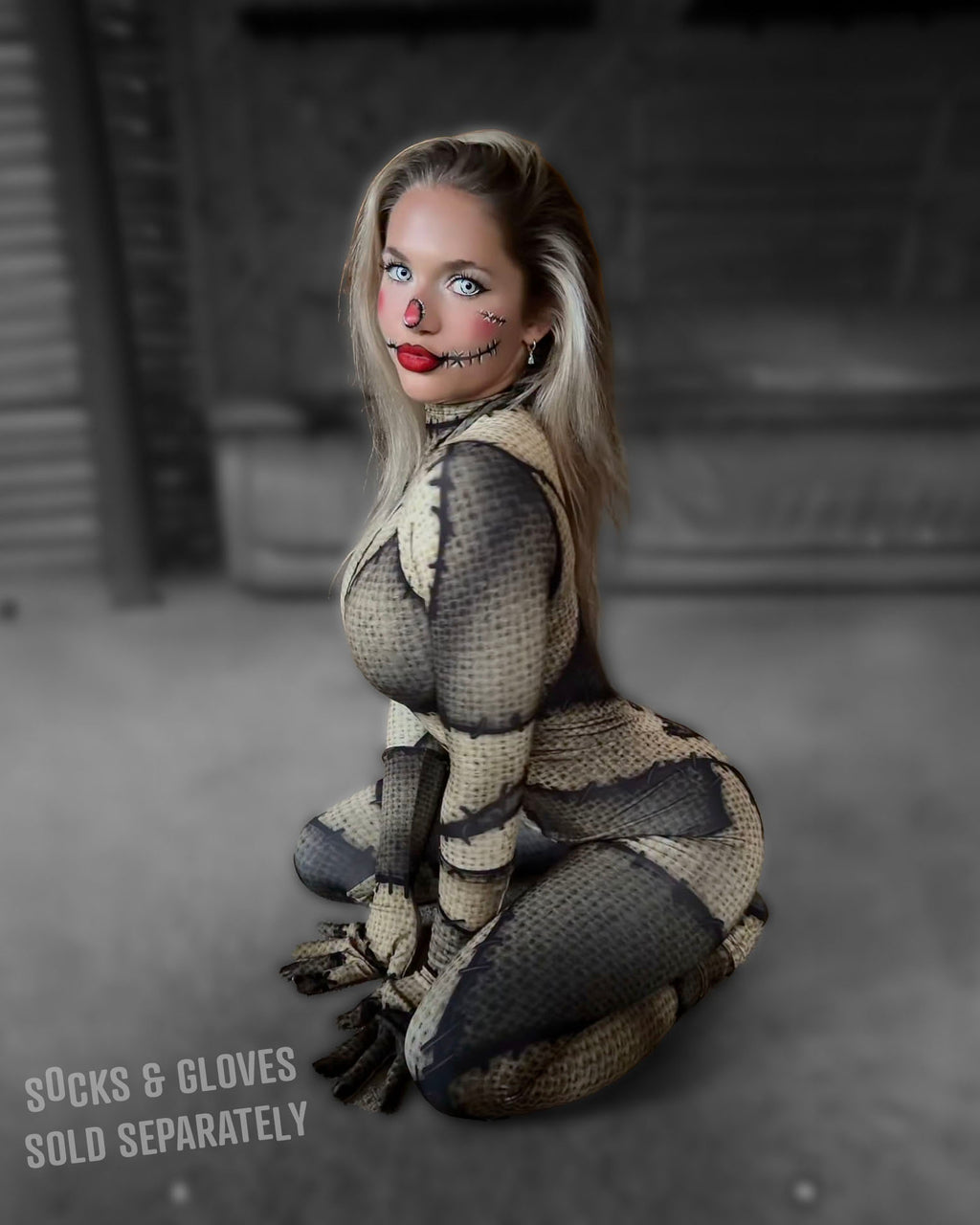 Women's printed burlap patchwork doll catsuit on a model; gloves and foot covers sold separately