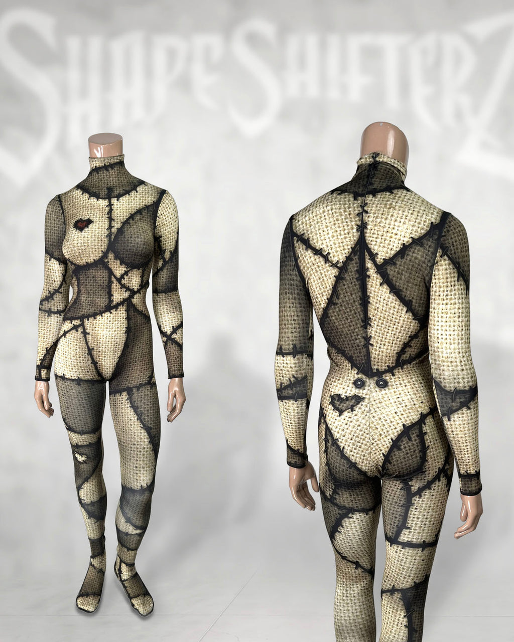 Women's burlap patchwork doll catsuit, front and back on mannequins