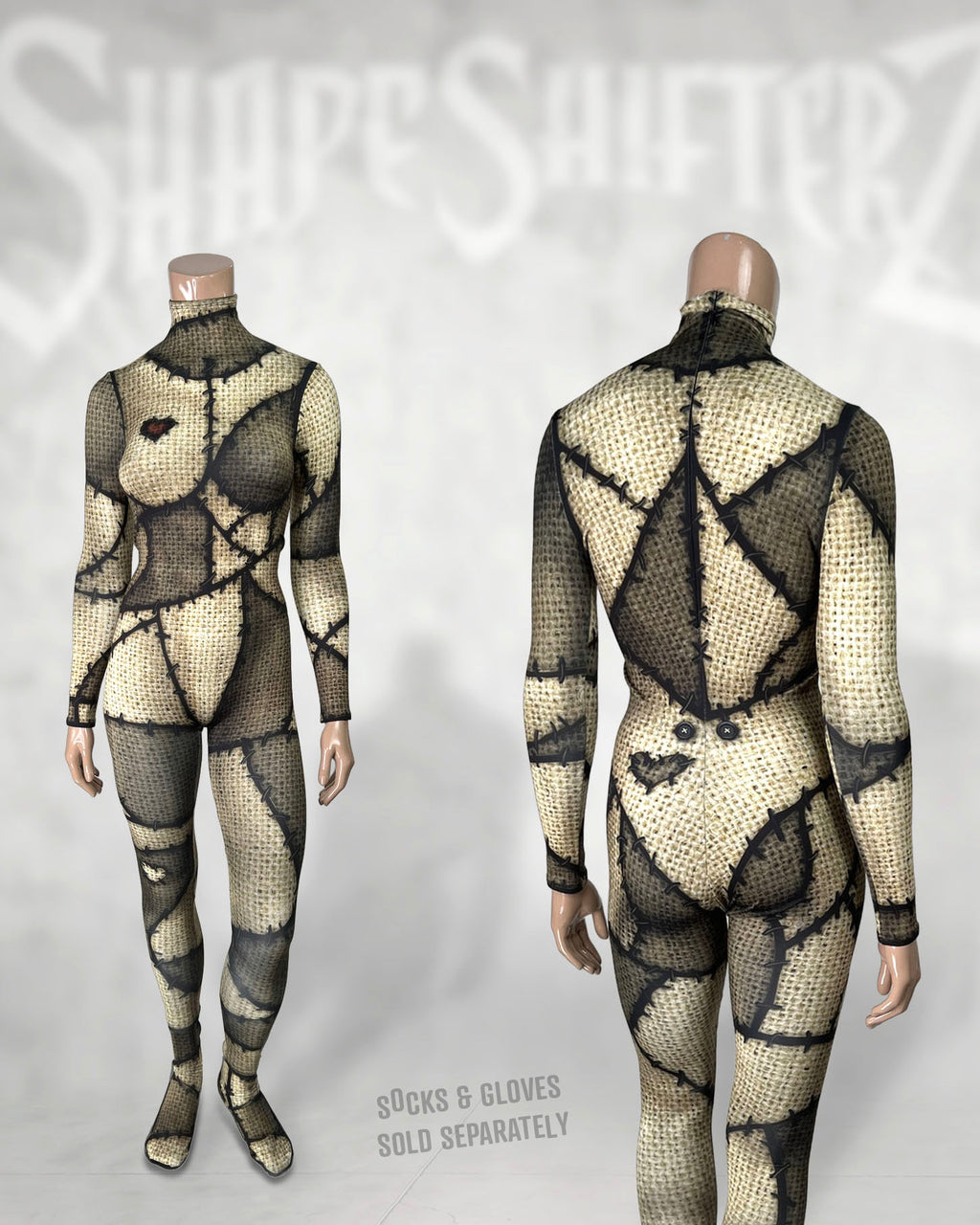 Women's burlap patchwork doll catsuit, front and back; socks and gloves sold separately
