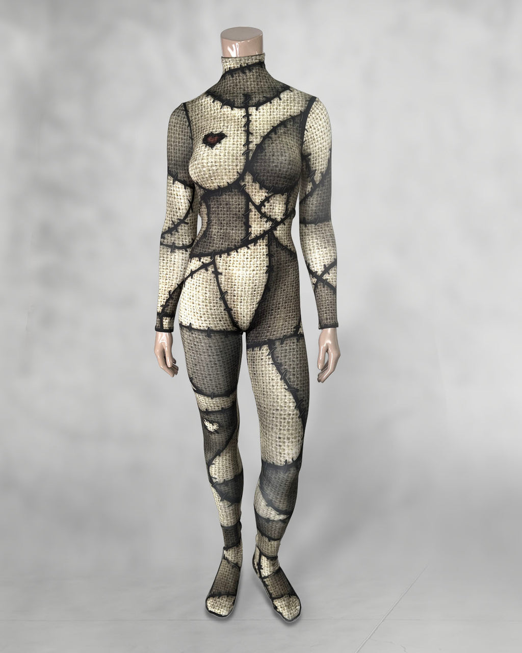 Women's burlap patchwork doll catsuit, high collar, front view