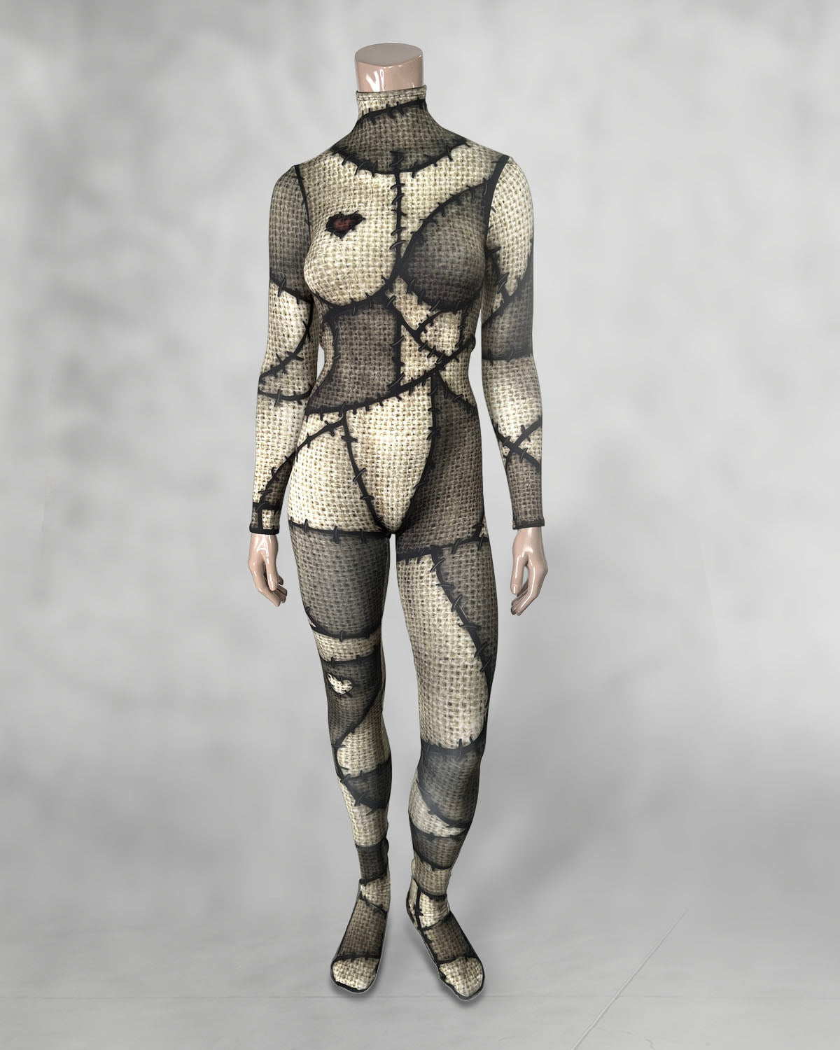Women's burlap patchwork doll catsuit, high collar, front view