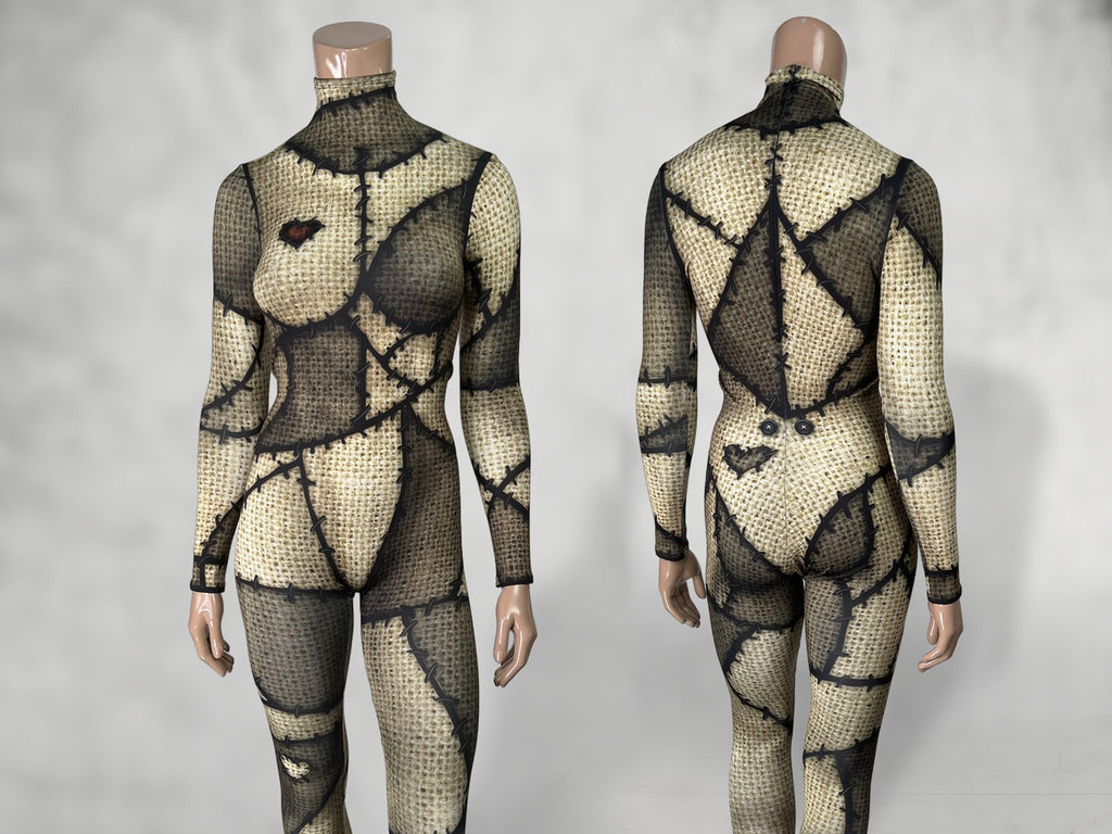 Women's burlap patchwork doll catsuit, front and back pair