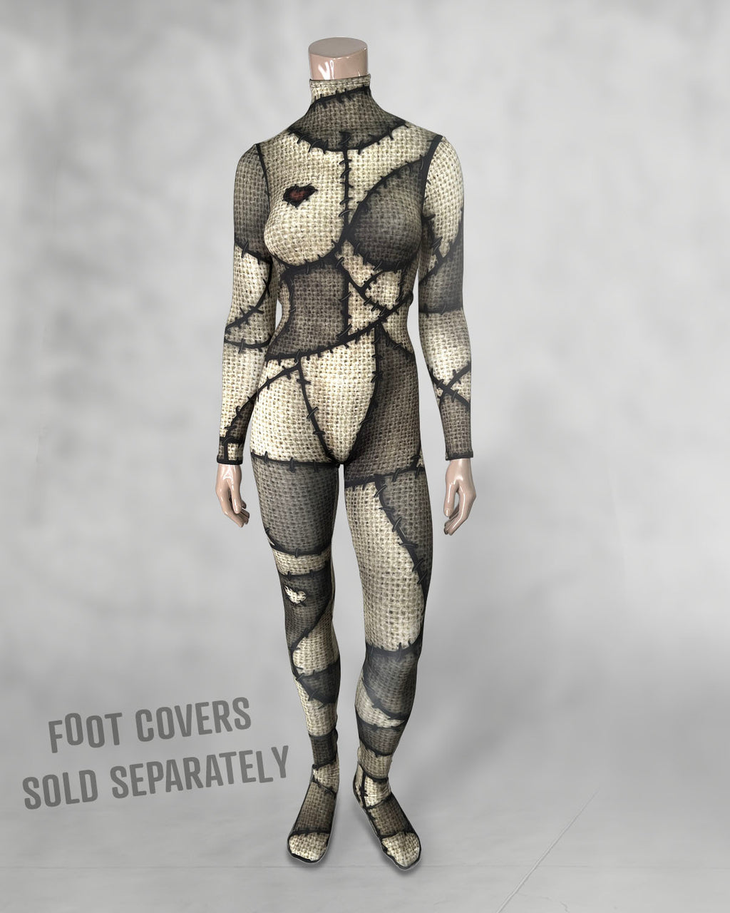 Women's burlap patchwork doll catsuit, front view; foot covers sold separately