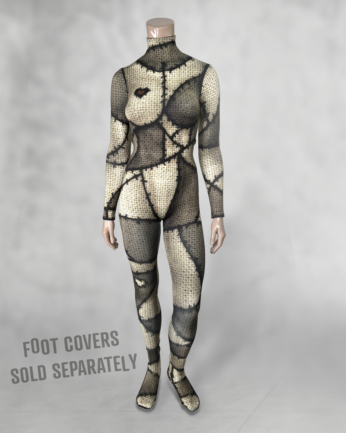 Women's burlap patchwork doll catsuit, front view; foot covers sold separately