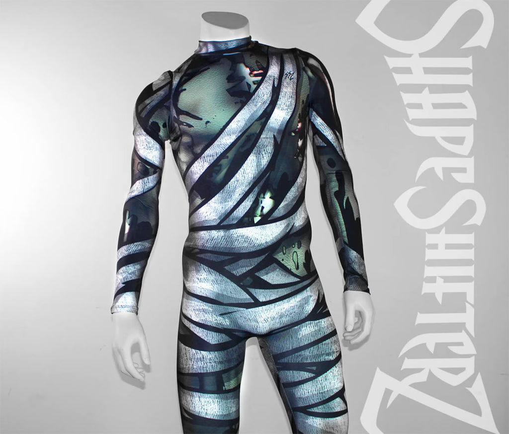 Men's Mummy Costume Bodysuit – Wrapped Bandage Print, Back Zip