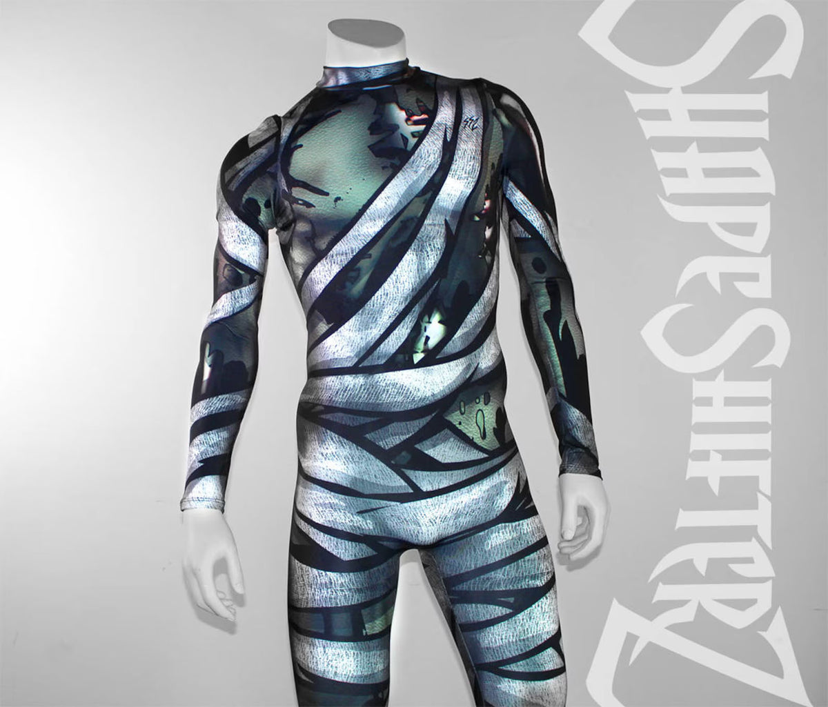 Men's Mummy Costume Bodysuit – Wrapped Bandage Print, Back Zip