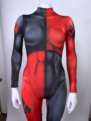 Harlequin Muscle Catsuit — Red & Black Split Costume