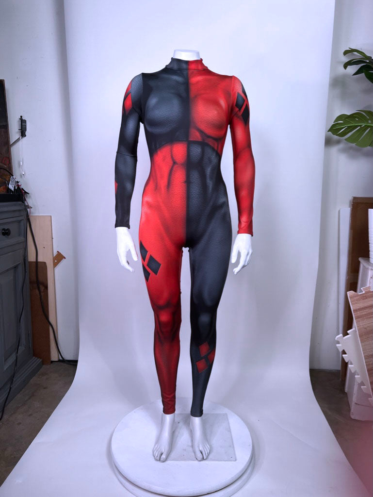 Harlequin Muscle Catsuit — Red & Black Split Costume