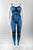 women's blue muscle toned unitard supersuit for cosplay, pole dancing, yoga