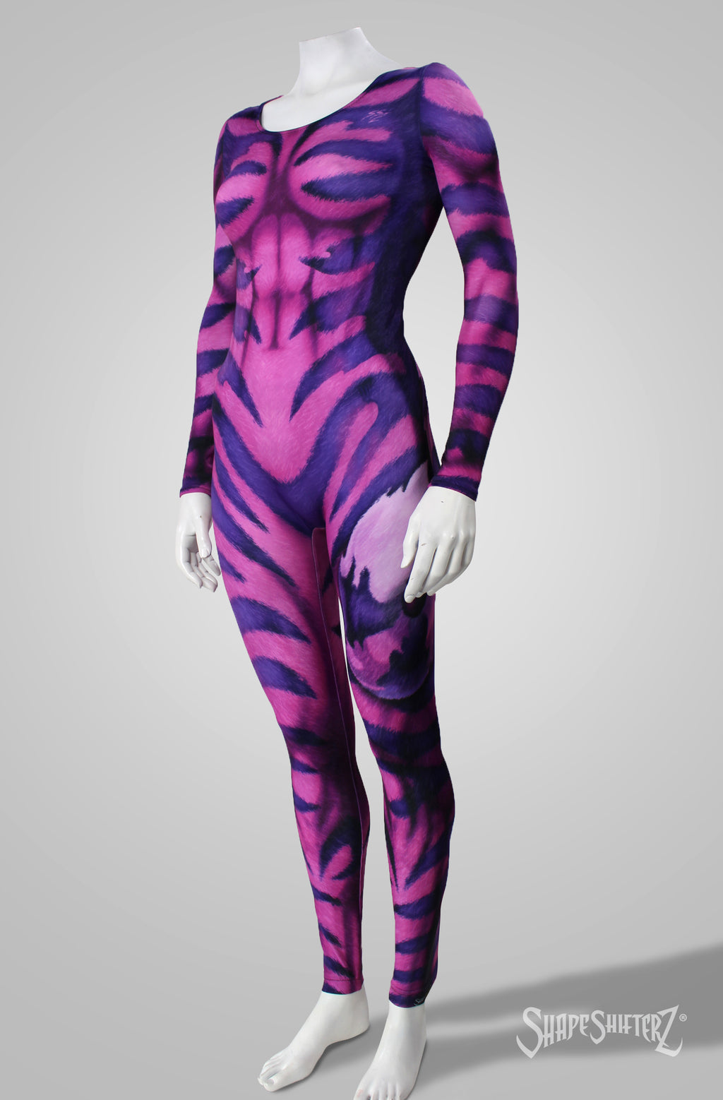 Women's Cheshire Cat Costume Catsuit – Pink and Purple Striped Print, Pull-Up Fit