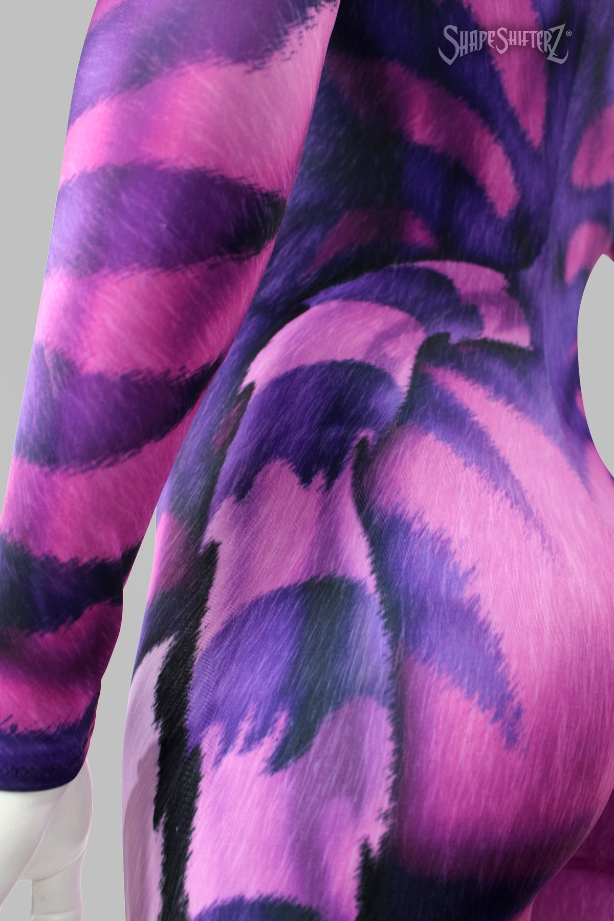 Women's Cheshire Cat Costume Catsuit – Pink and Purple Striped Print, Pull-Up Fit