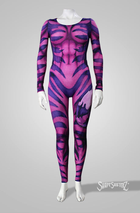 Women's Cheshire Cat Costume Catsuit – Pink and Purple Striped Print, Pull-Up Fit