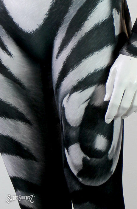 Full Bodysuit - Front Zipper - Women's Cat's Meow Bodysuit -- Costume Sportswear - Black And White Cat With Printed Tail