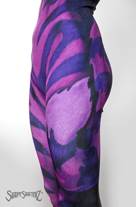 Full Bodysuit - Front Zipper - Women's 'Grinning Cat' Bodysuit -- Costume Sportswear - Purple&Pink Cat With Fat Tail