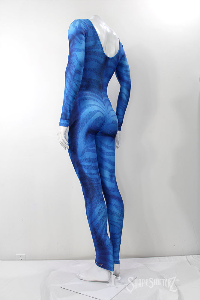 Women's Zebra Blue Costume Catsuit – Scoop Neck, Pull-Up Fit