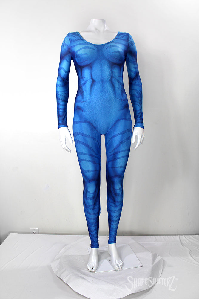 Women's Zebra Blue Costume Catsuit – Scoop Neck, Pull-Up Fit