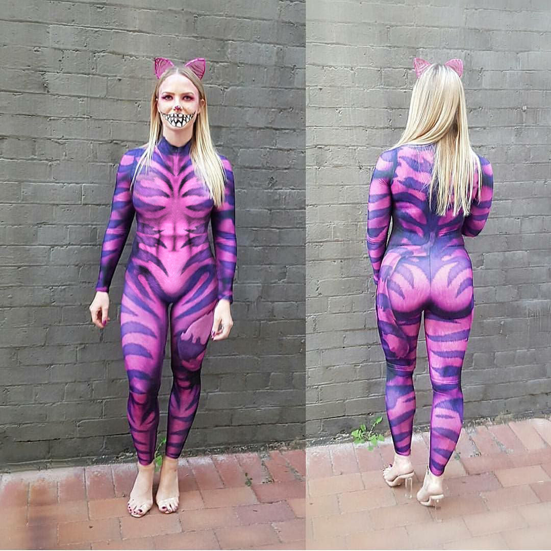 Women's Cheshire Cat Costume Catsuit – Pink and Purple Striped Print, Back Zip