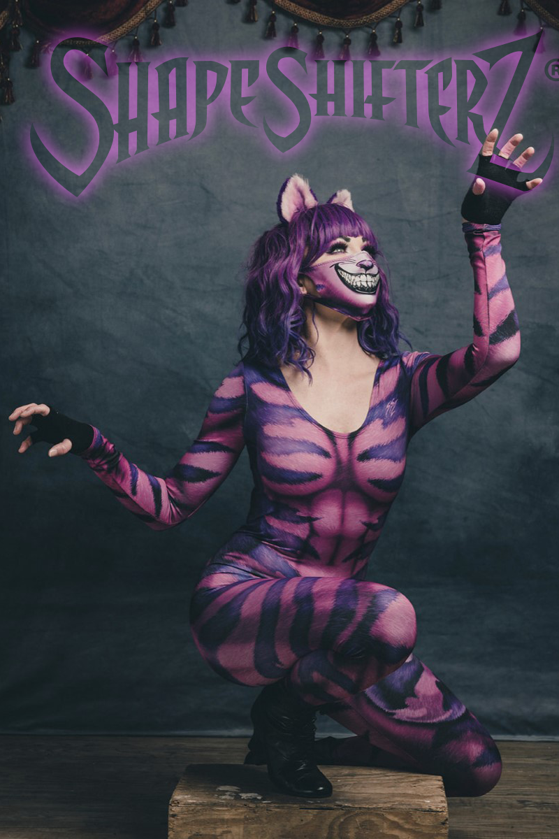 Women's Cheshire Cat Costume Catsuit – Pink and Purple Striped Print, Pull-Up Fit
