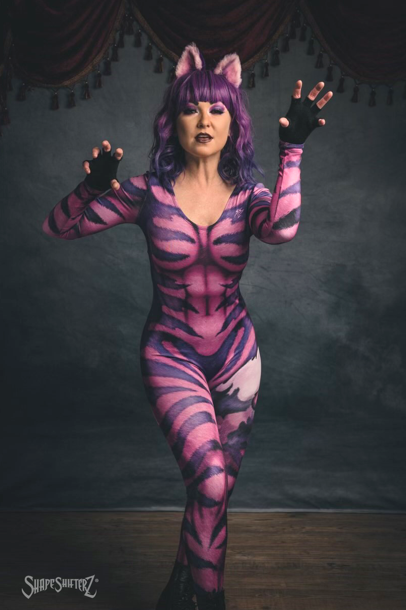 Women's Cheshire Cat Costume Catsuit – Pink and Purple Striped Print, Pull-Up Fit