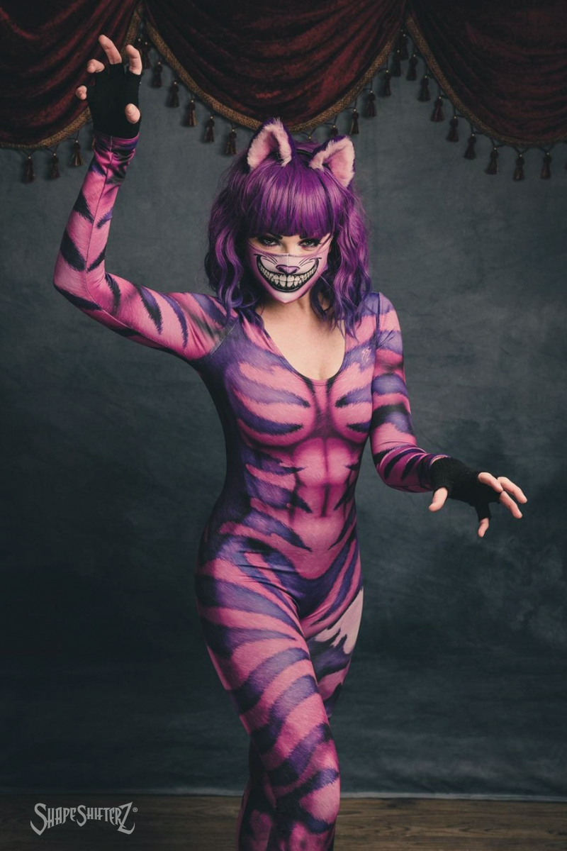 Women's Cheshire Cat Costume Catsuit – Pink and Purple Striped Print, Pull-Up Fit