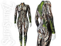 Women's stretchy catsuit that looks like a tree with tree bark and moss on  it. Zipper in the back. 