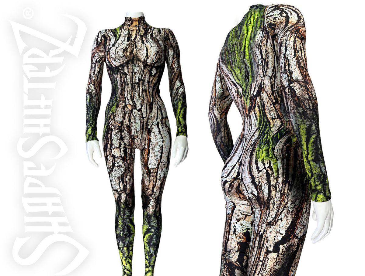 Women's stretchy catsuit that looks like a tree with tree bark and moss on  it. Zipper in the back. 