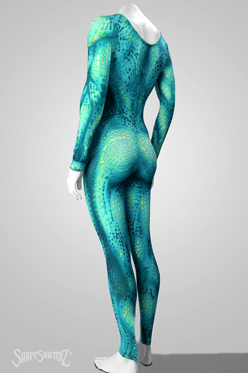 Women's Sea Creature Costume Catsuit – Green or Blue - Scoop Neck, Pull-Up Fit