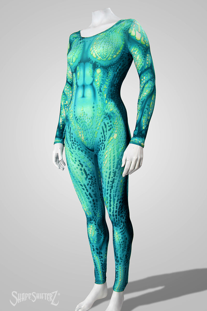 Women's Sea Creature Costume Catsuit – Green or Blue - Scoop Neck, Pull-Up Fit