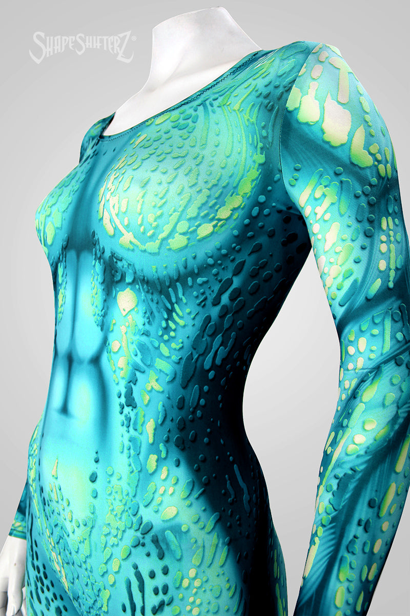 Women's Sea Creature Costume Catsuit – Green or Blue - Scoop Neck, Pull-Up Fit