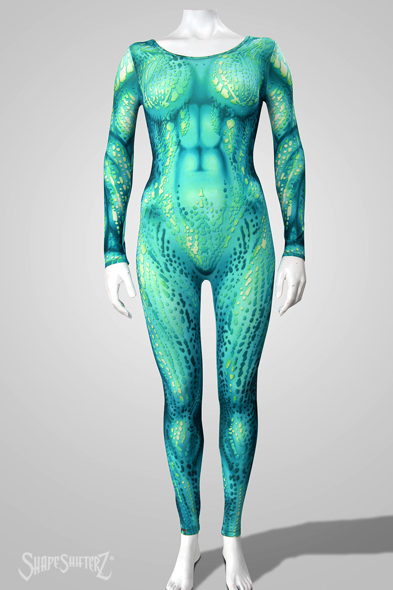 Women's Sea Creature Costume Catsuit – Green or Blue - Scoop Neck, Pull-Up Fit