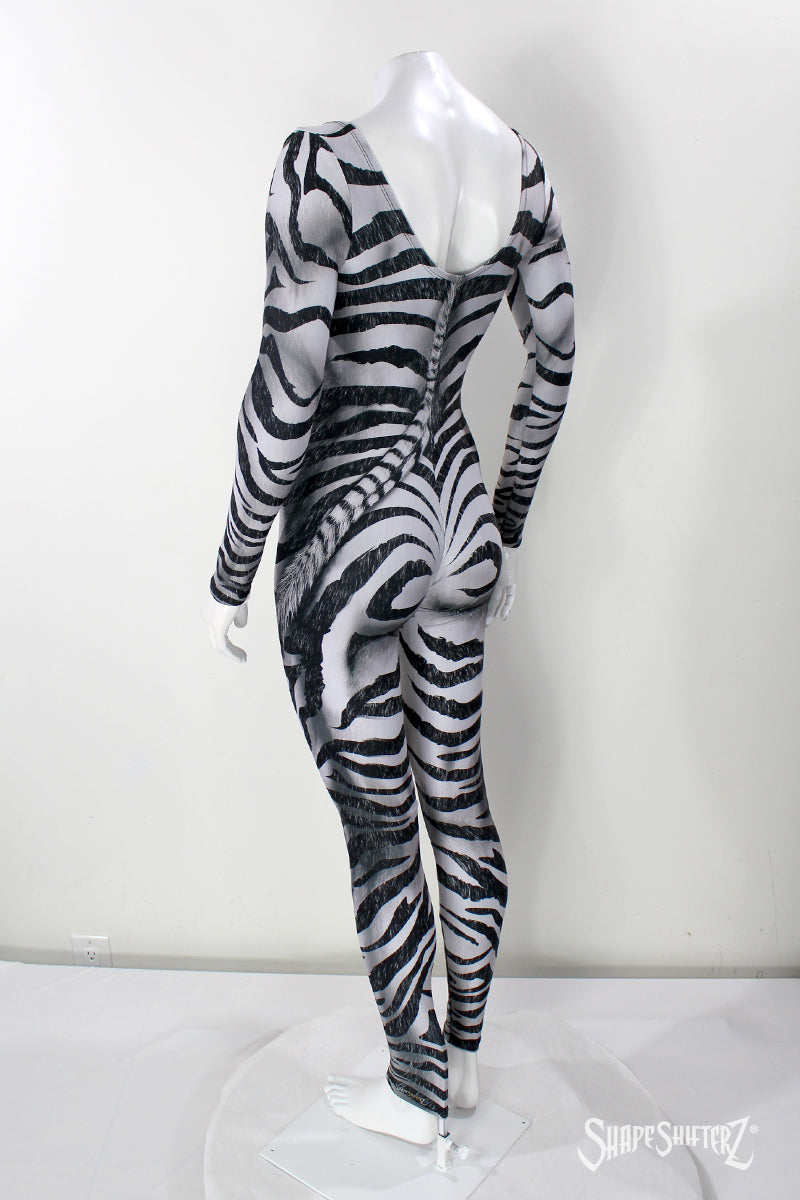Women's Zebra Costume Catsuit – Scoop Neck, Pull-Up Fit