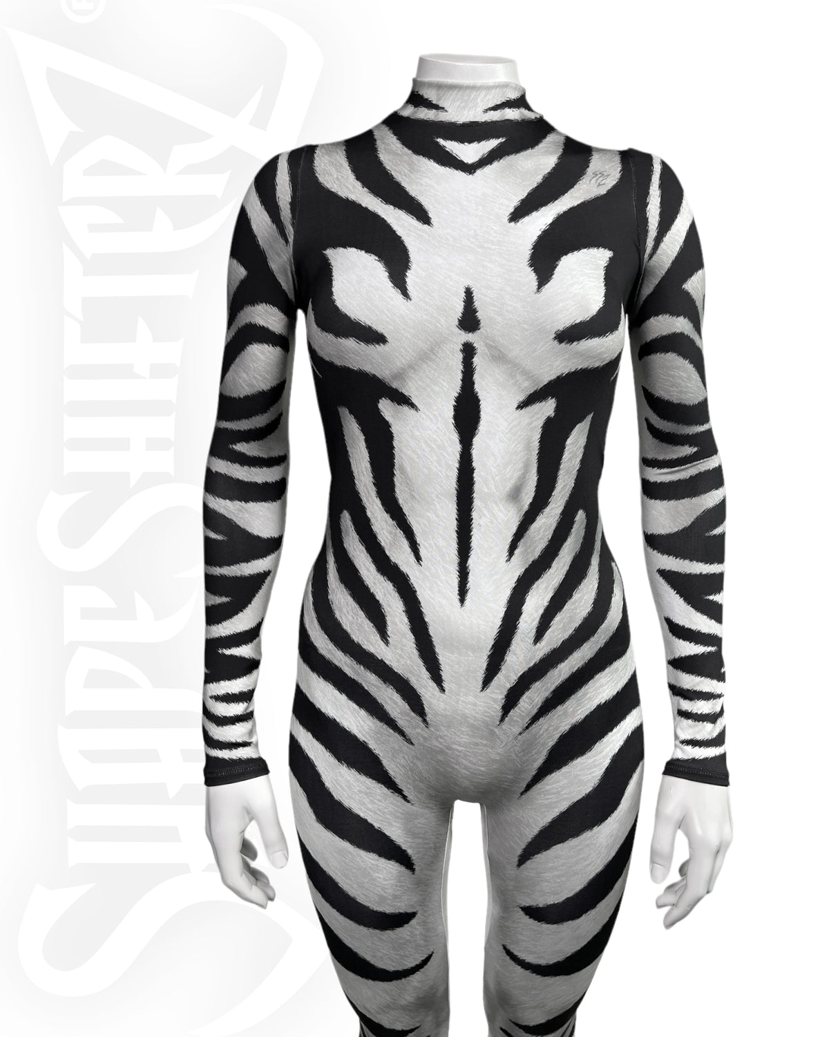 Women's Zebra Costume Catsuit – High Collar, Back Zip