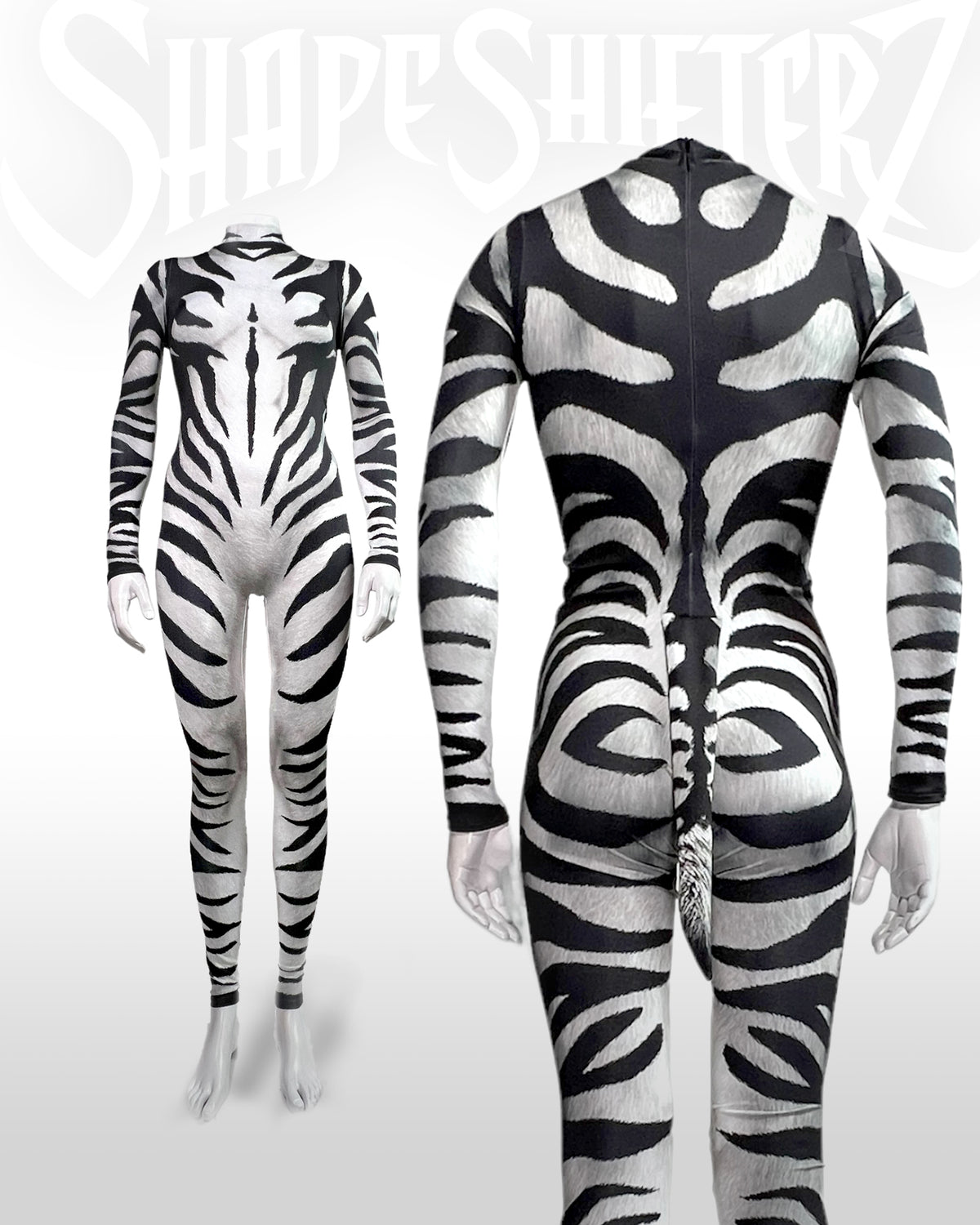 Women's Zebra Costume Catsuit – High Collar, Back Zip